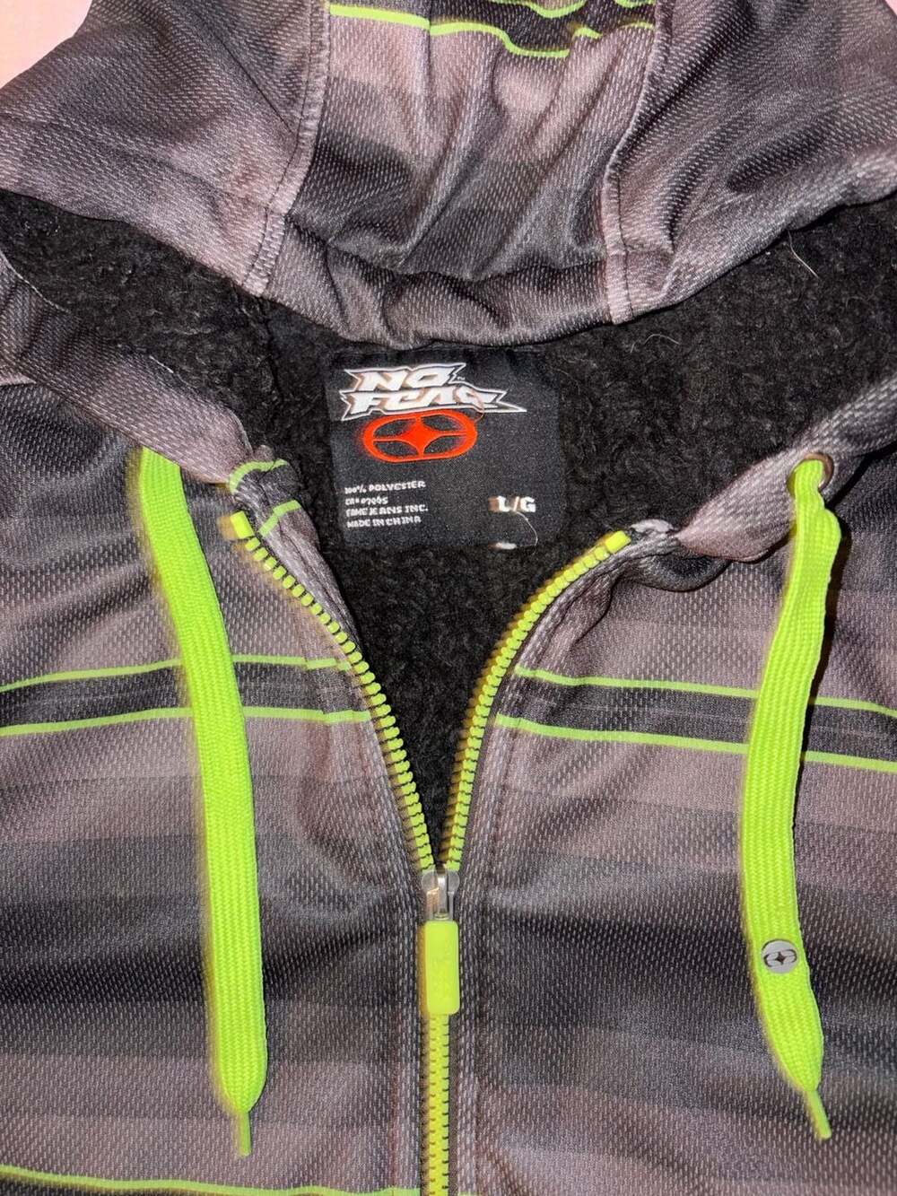 No Fear Zip Hoodie Size L/G Grey Black Neon Green Striped Sherpa Lined